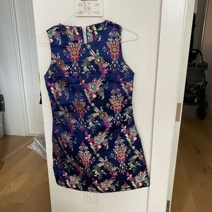 Shift Dress in Blue Satin with Metallic Brocade Embroidery - NWT - US 4 UK 8